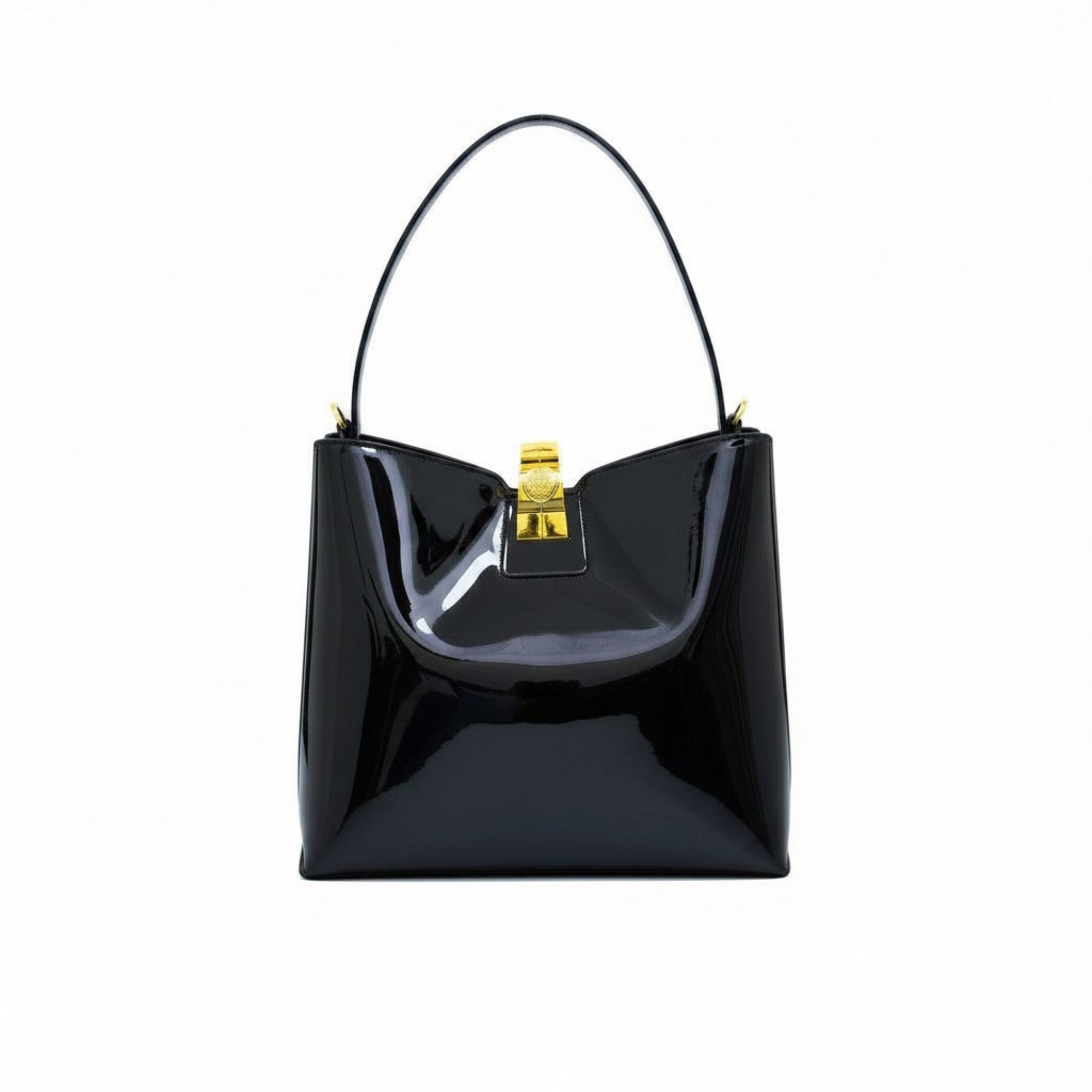 Front view of a Black patent leather shoulder bag with a gold-tone clasp closure, available at Blue Salon.