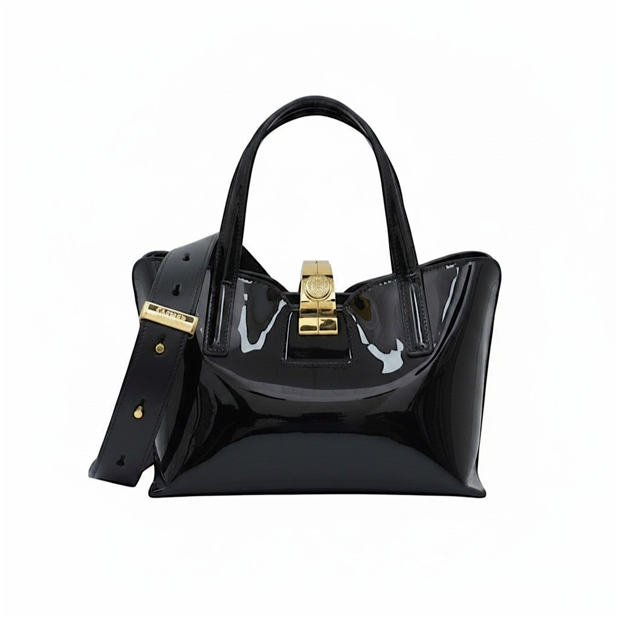 Black handbag with gold accents on a white background.