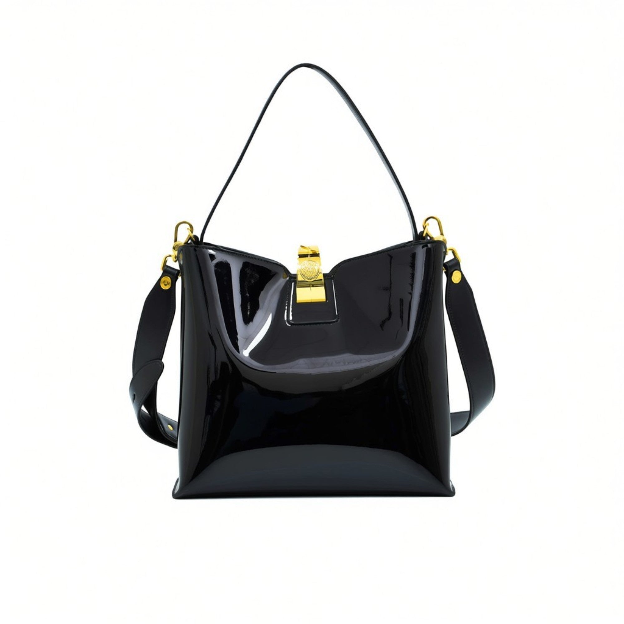 Front view of the Black patent leather bag styled with its wide, detachable matching shoulder strap attached.