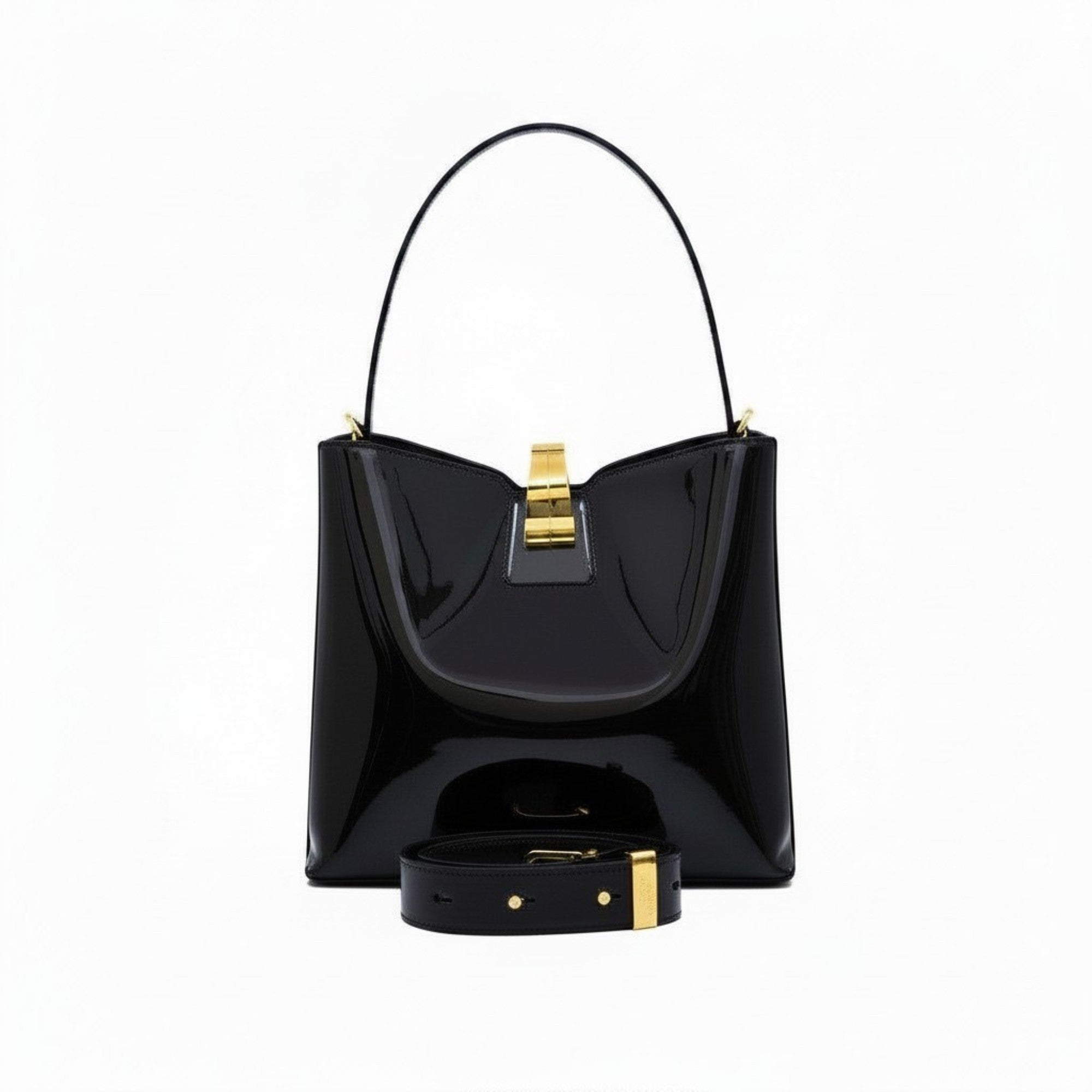 Front view of a Black patent leather shoulder bag with a gold-tone clasp closure, available at Blue Salon.