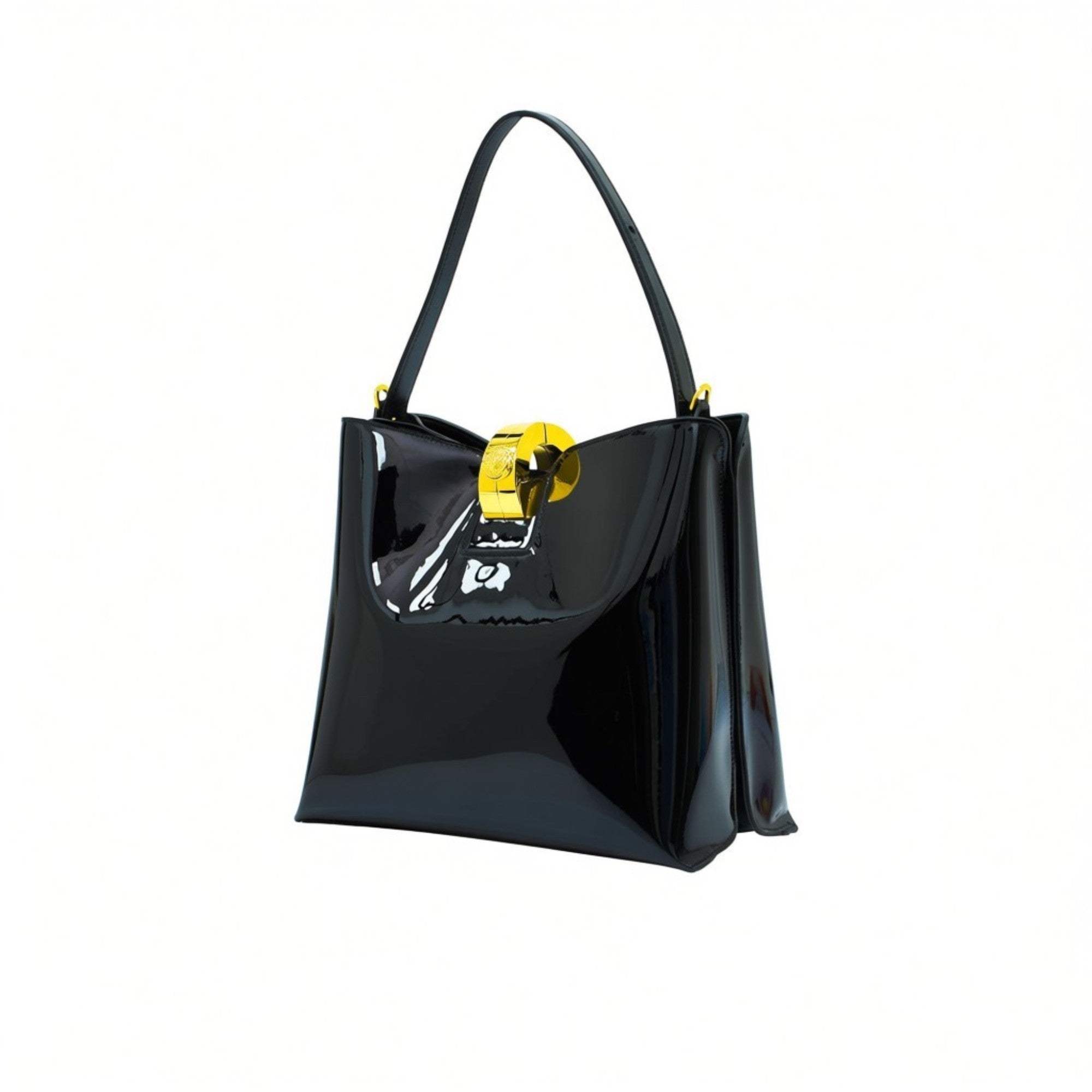 Alternate three-quarter angle view highlighting the mirror-like sheen of the premium Black patent leather material.