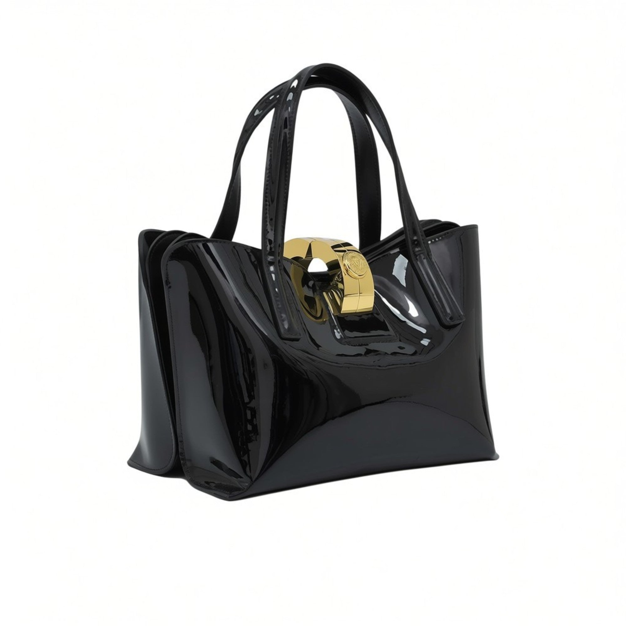 Black glossy handbag with gold clasp on a white background.