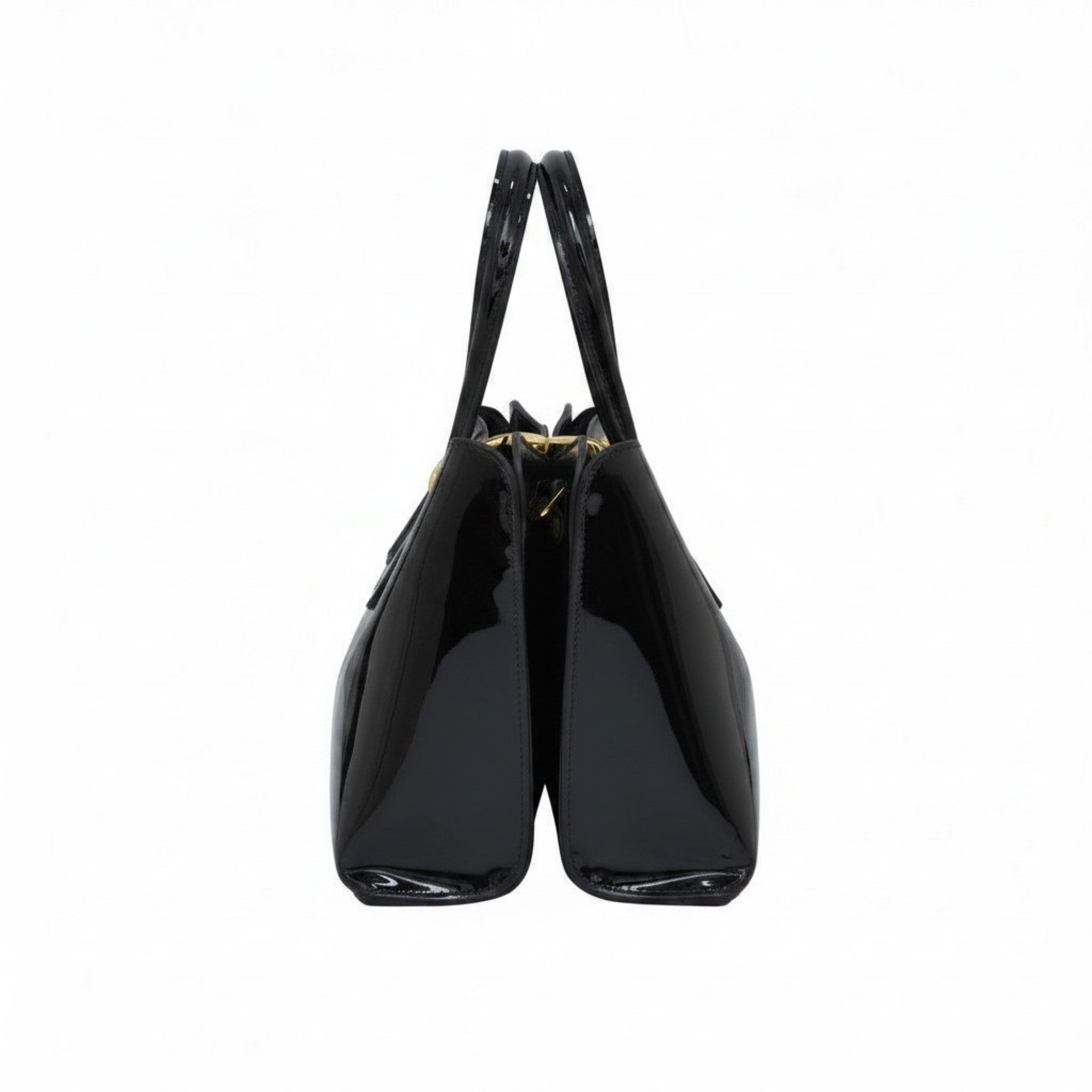 Black handbag with gold accents on a white background.
