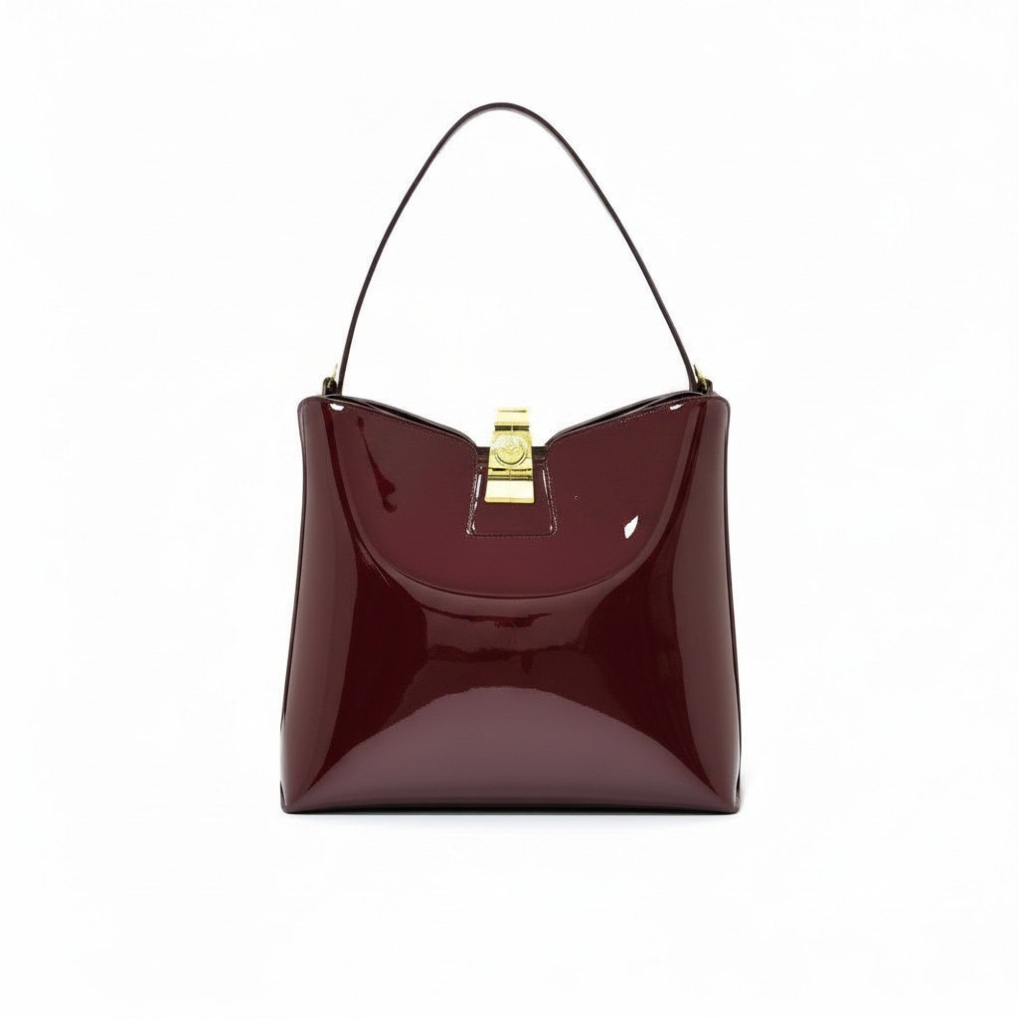 Front view of a burgundy patent leather shoulder bag with a gold-tone clasp closure, available at Blue Salon.