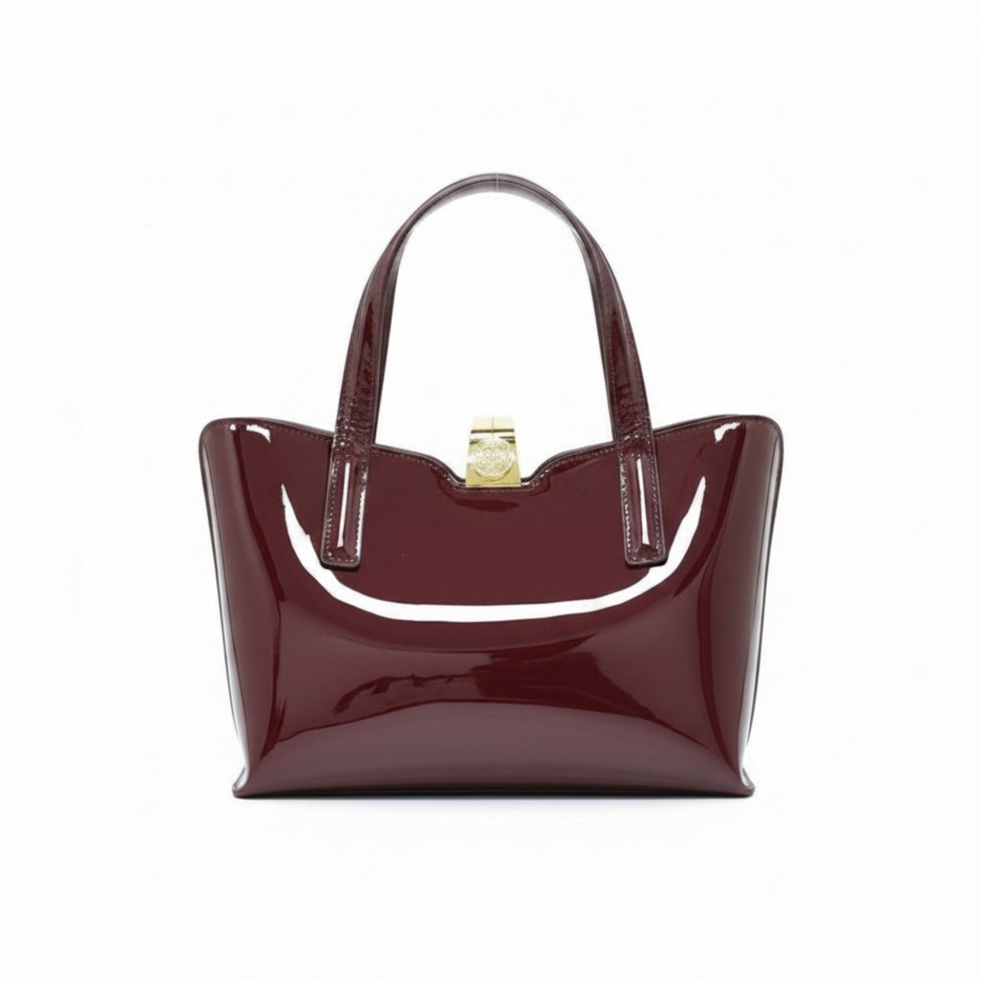 Straight-on back view of the sleek burgundy patent leather handbag, emphasizing its symmetrical stitching and dual top handles.