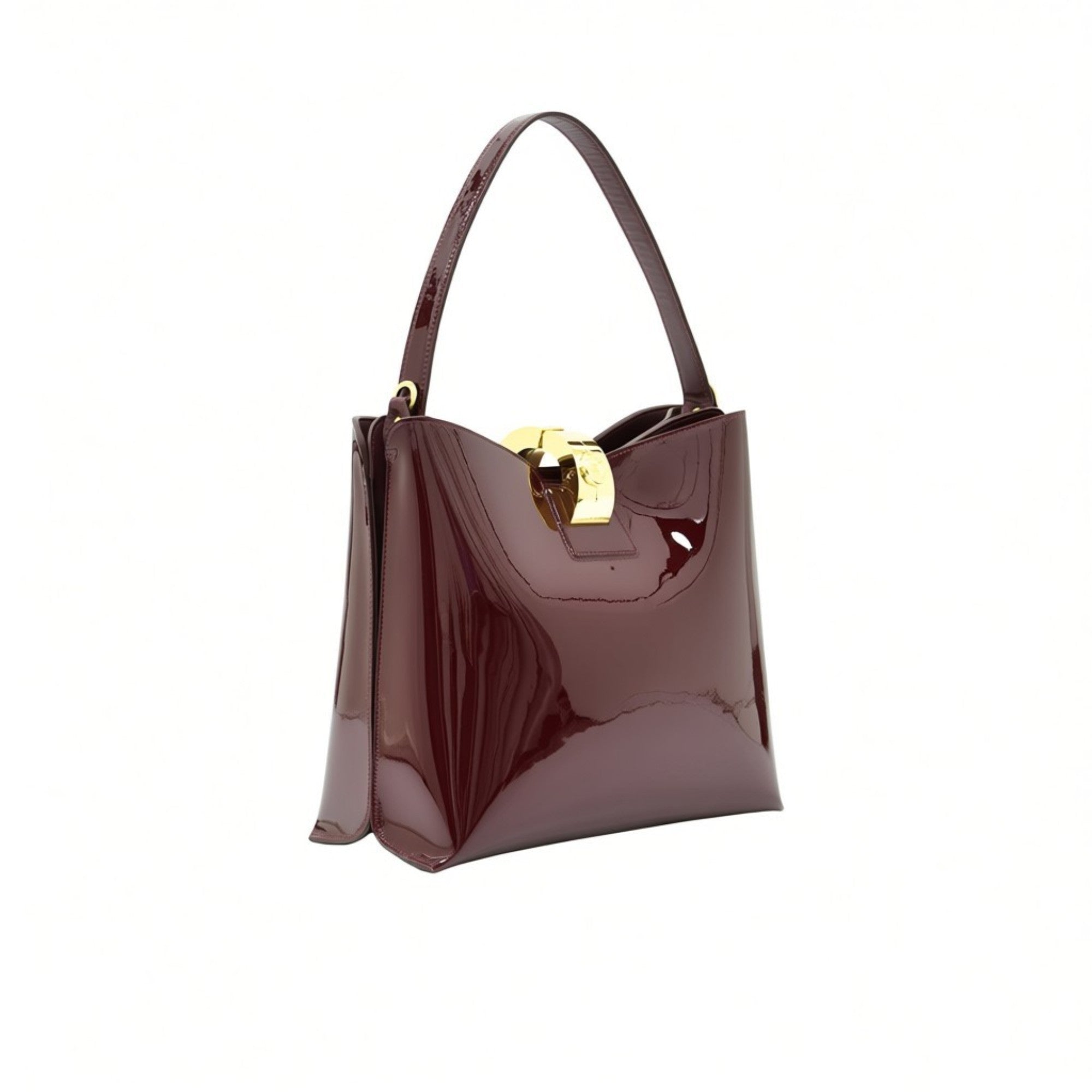 Alternate three-quarter angle view highlighting the mirror-like sheen of the premium burgundy patent leather material.