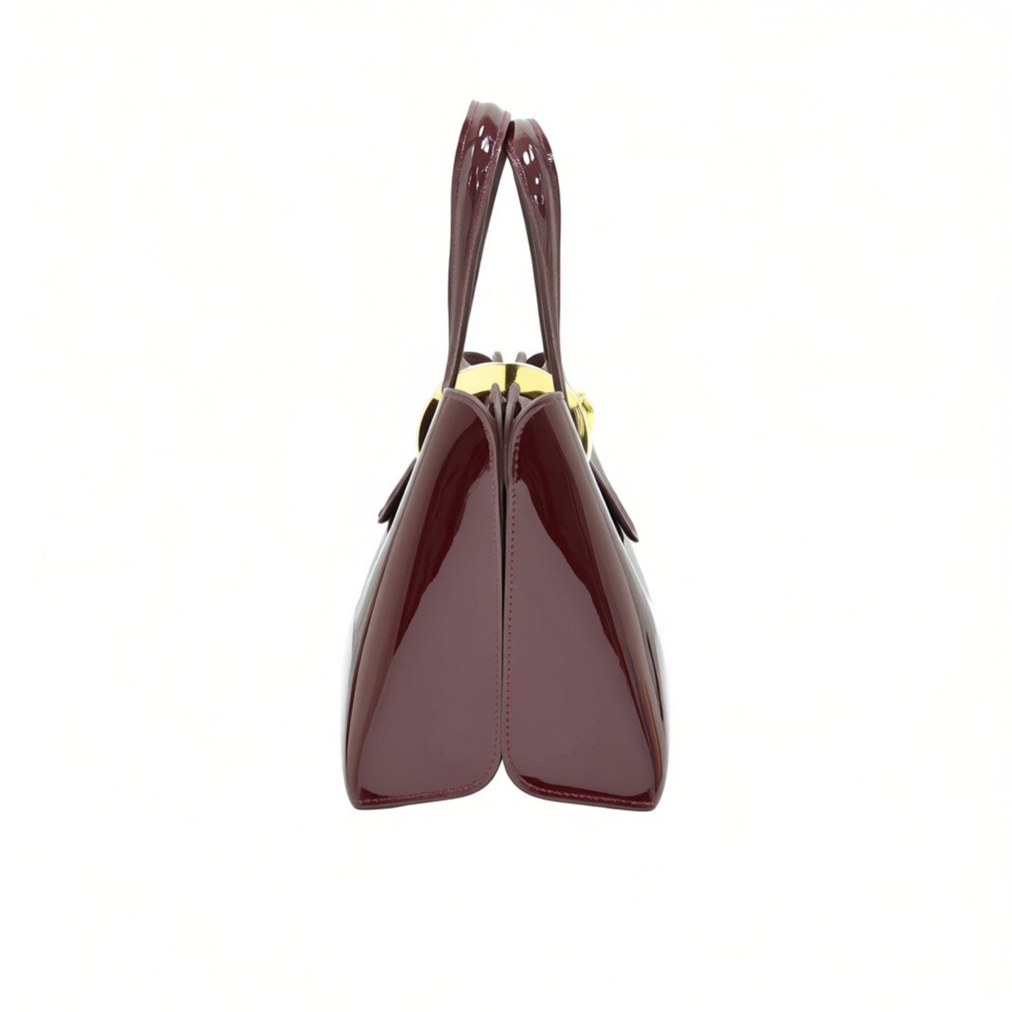 Side profile view of the glossy burgundy handbag, highlighting its distinct dual-compartment accordion gusset construction.