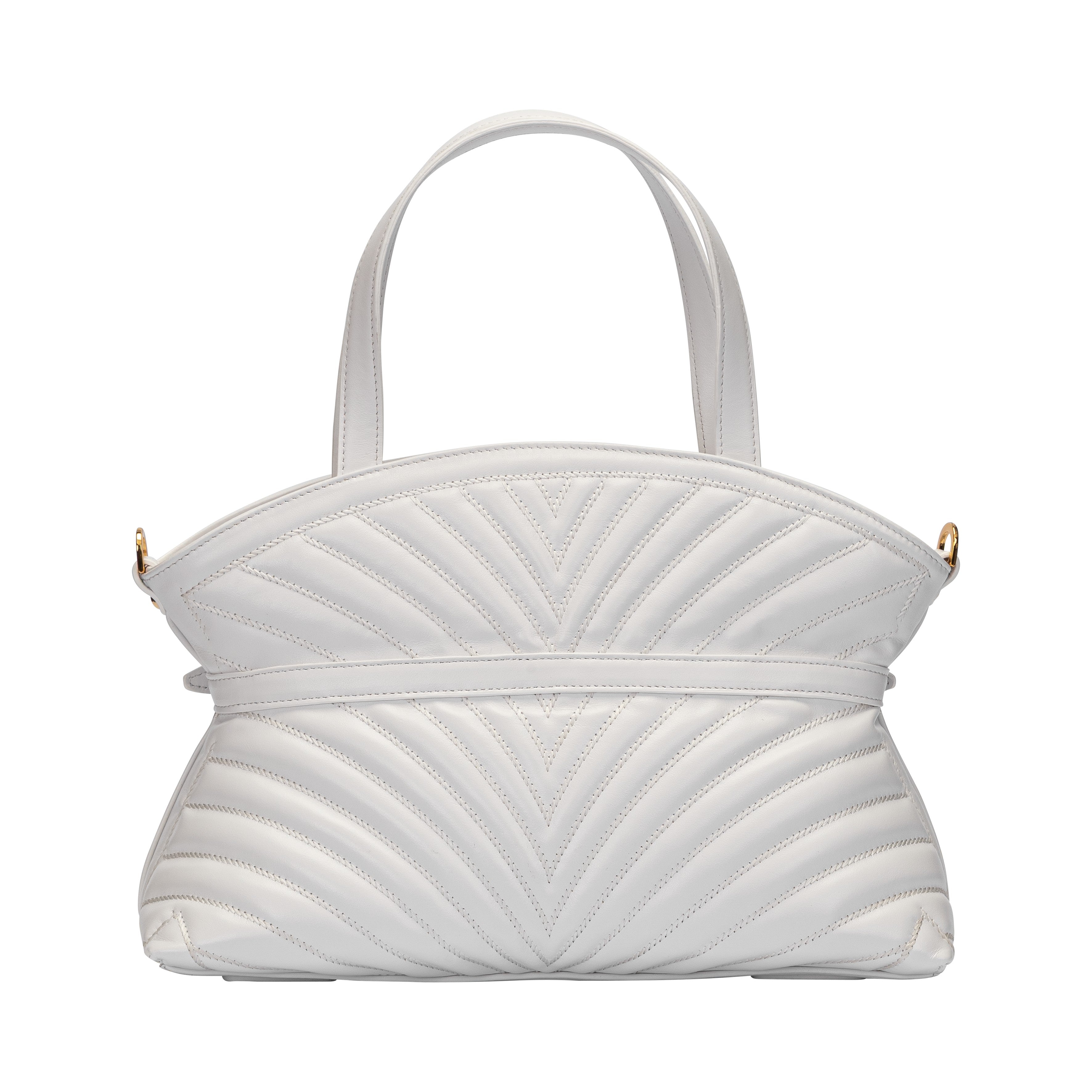 Rear view of the white leather Valentino Orlandi bag highlighting the continuous chevron quilted pattern and structured top handles.