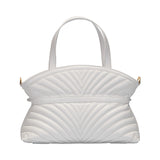 Rear view of the white leather Valentino Orlandi bag highlighting the continuous chevron quilted pattern and structured top handles.
