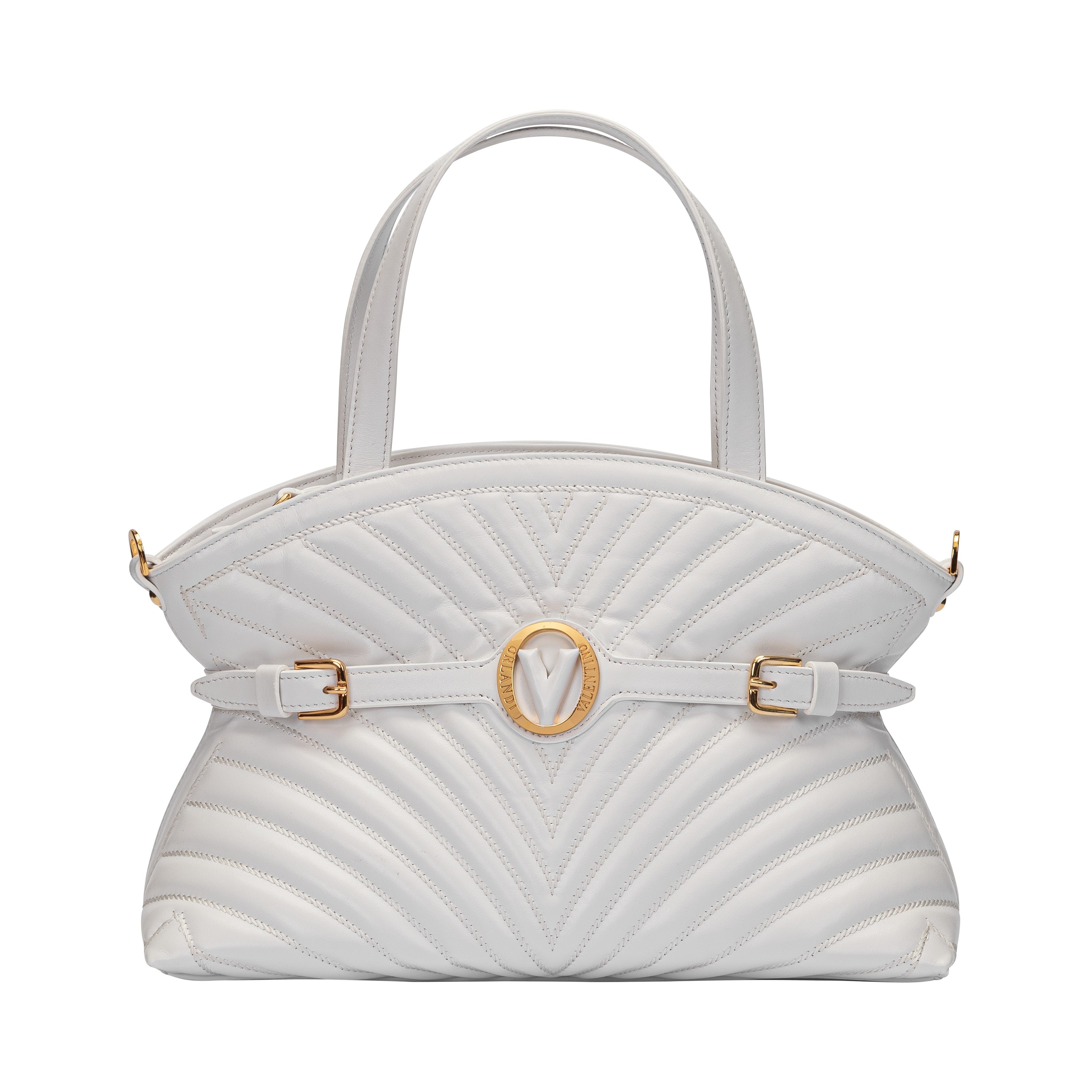 Front view of a Valentino Orlandi white quilted leather handbag featuring a central gold V logo emblem and chevron stitching on a white background.