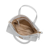 Overhead view of the open Valentino Orlandi handbag revealing the gold-toned branded lining, interior zip pocket, and zip closure.