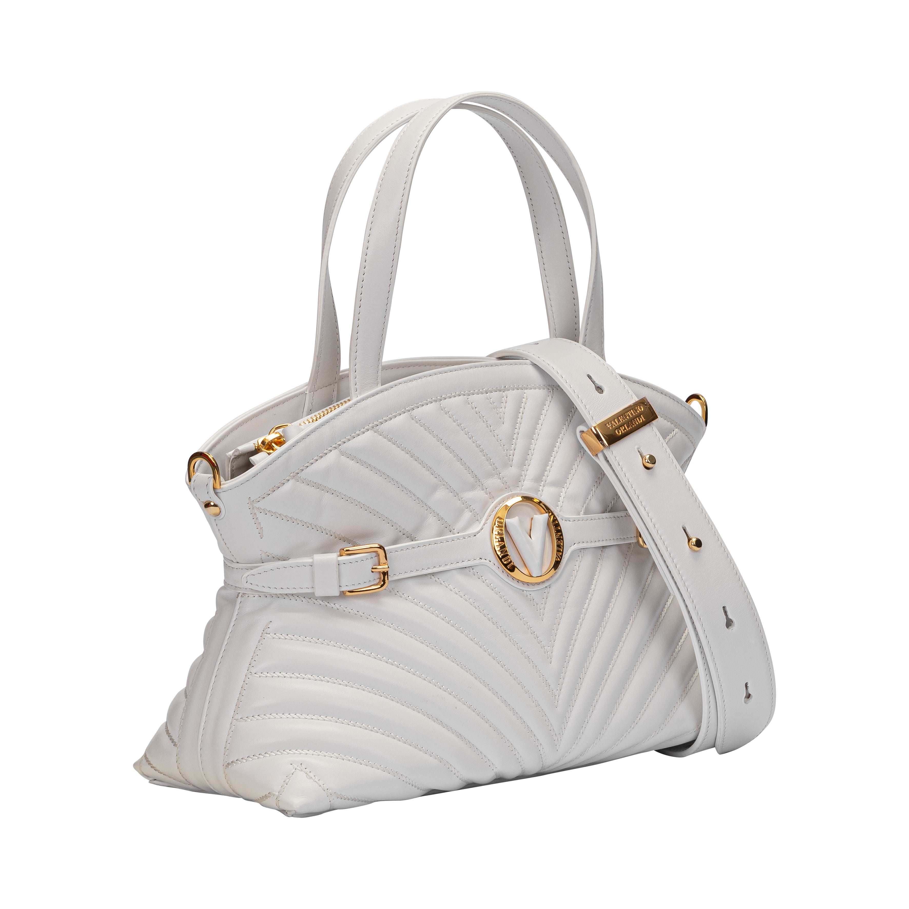 Side perspective of the Valentino Orlandi white satchel showing the detachable wide leather shoulder strap and gold-tone buckle details.