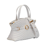 Side perspective of the Valentino Orlandi white satchel showing the detachable wide leather shoulder strap and gold-tone buckle details.