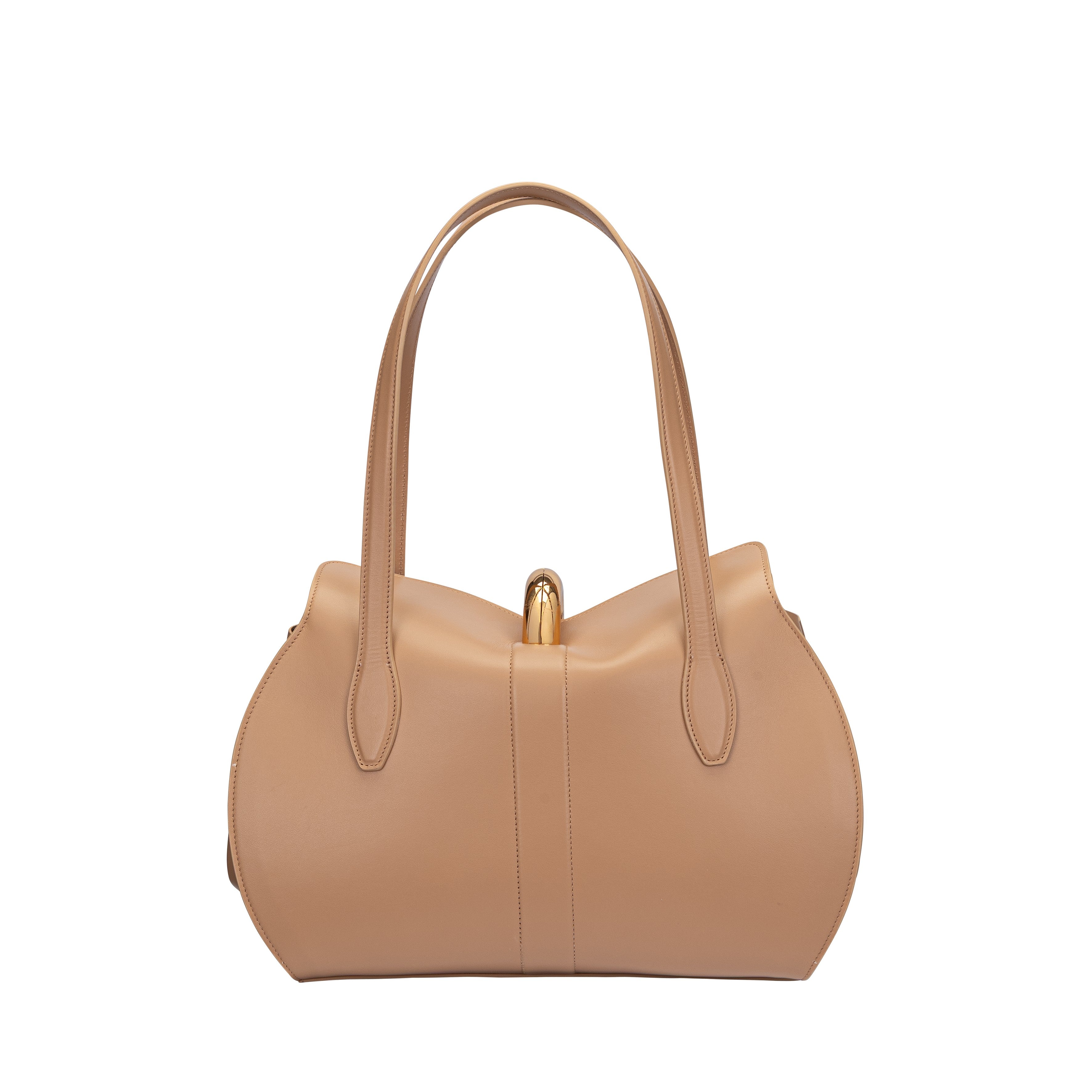 Rear view of the smooth beige leather Valentino Orlandi handbag against a white background, showcasing its clean lines.