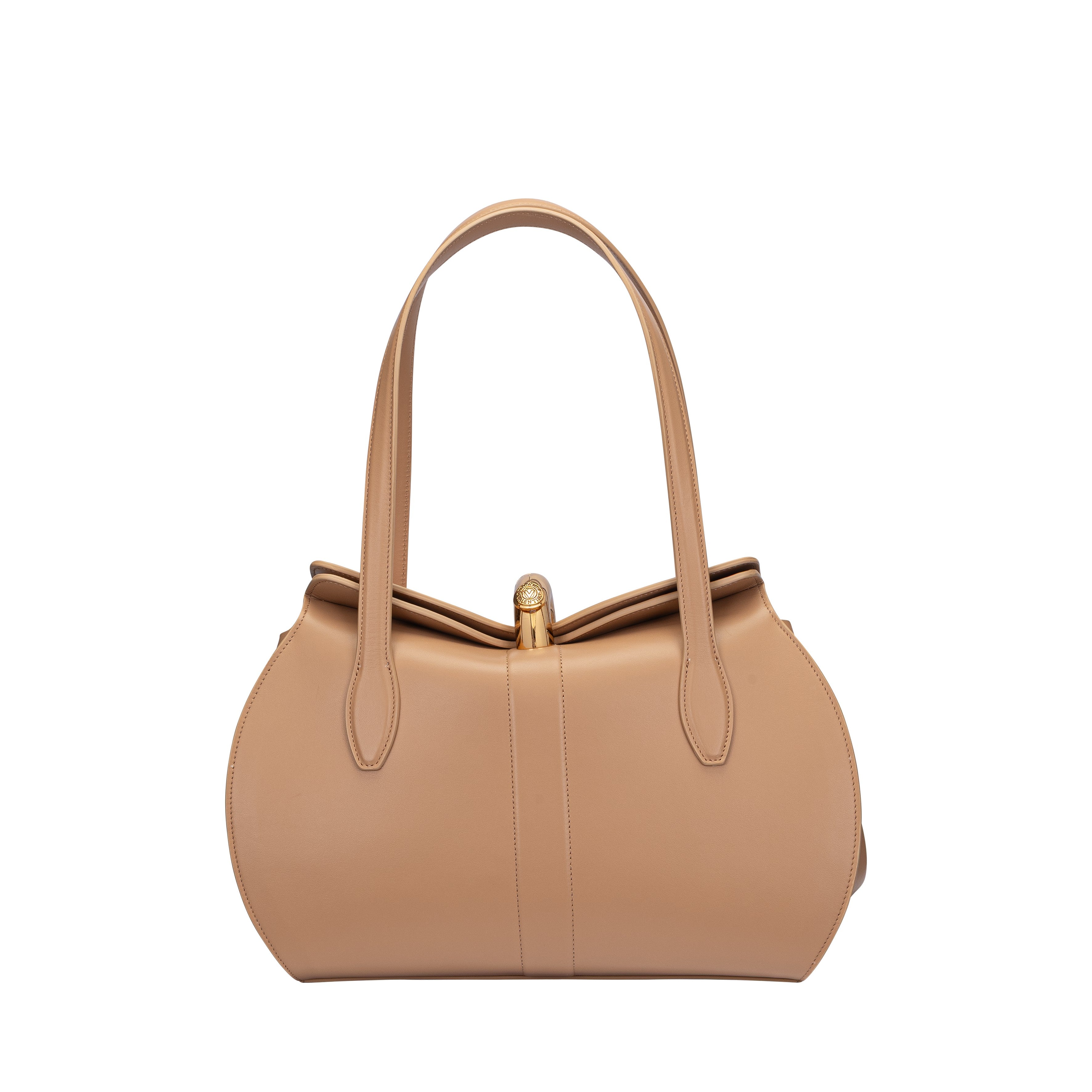 Front view of a nude beige Valentino Orlandi leather handbag with a unique curved top edge and gold-tone turn-lock clasp.