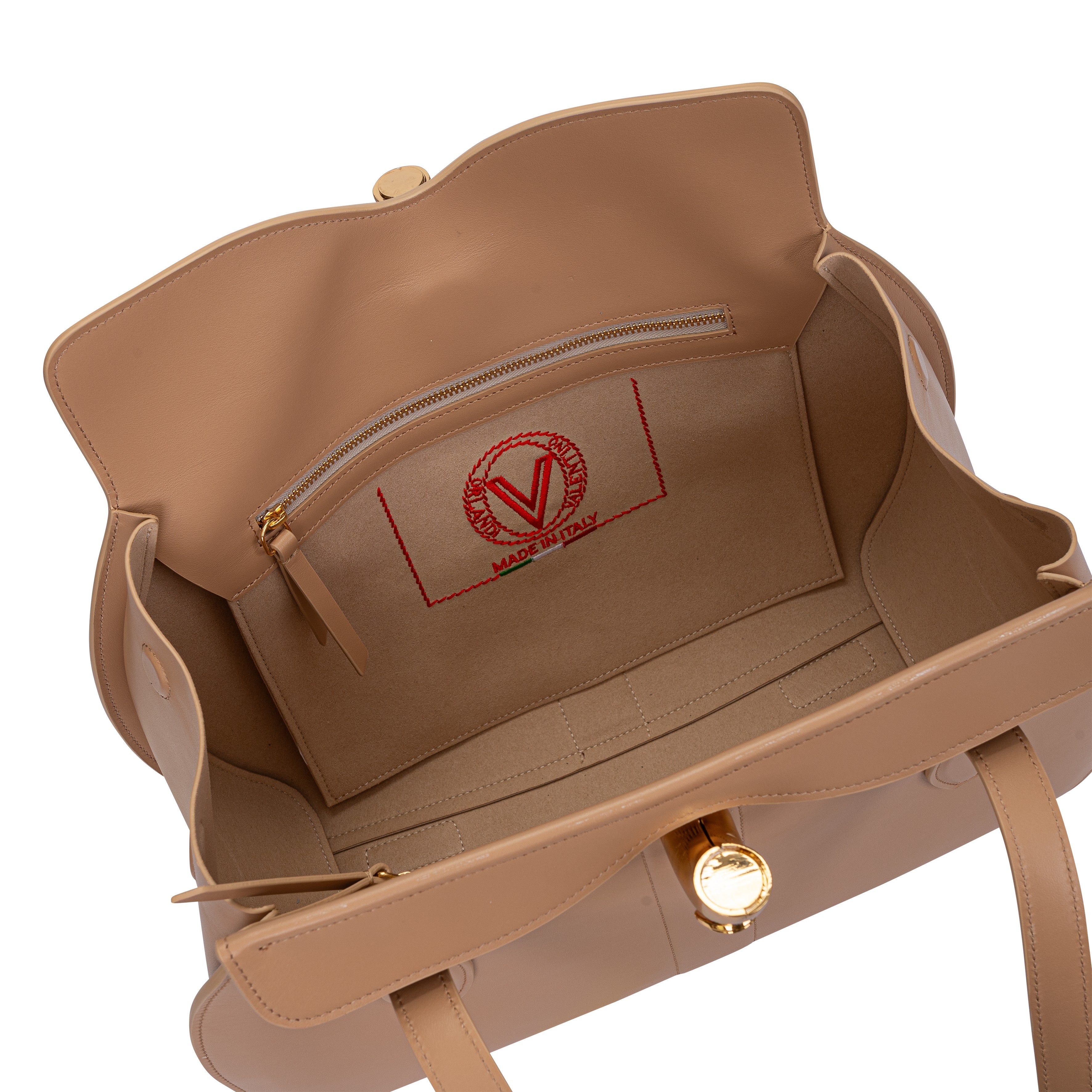 Interior view of the open beige Valentino Orlandi bag, revealing the suede-effect lining, zip pocket, and signature red logo embroidery.