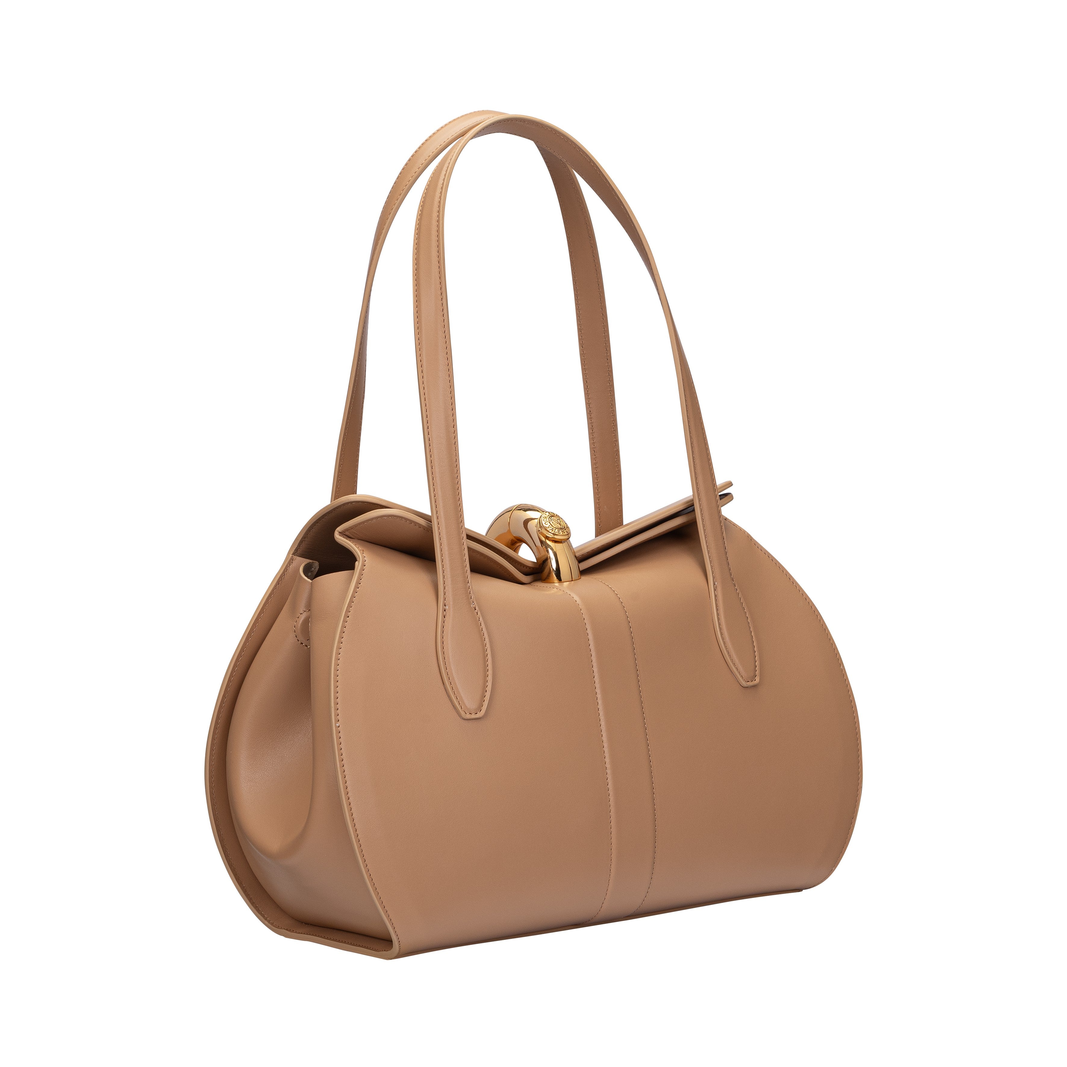 Angled side view of the beige Valentino Orlandi bag, highlighting its structured, rounded silhouette and polished gold hardware.