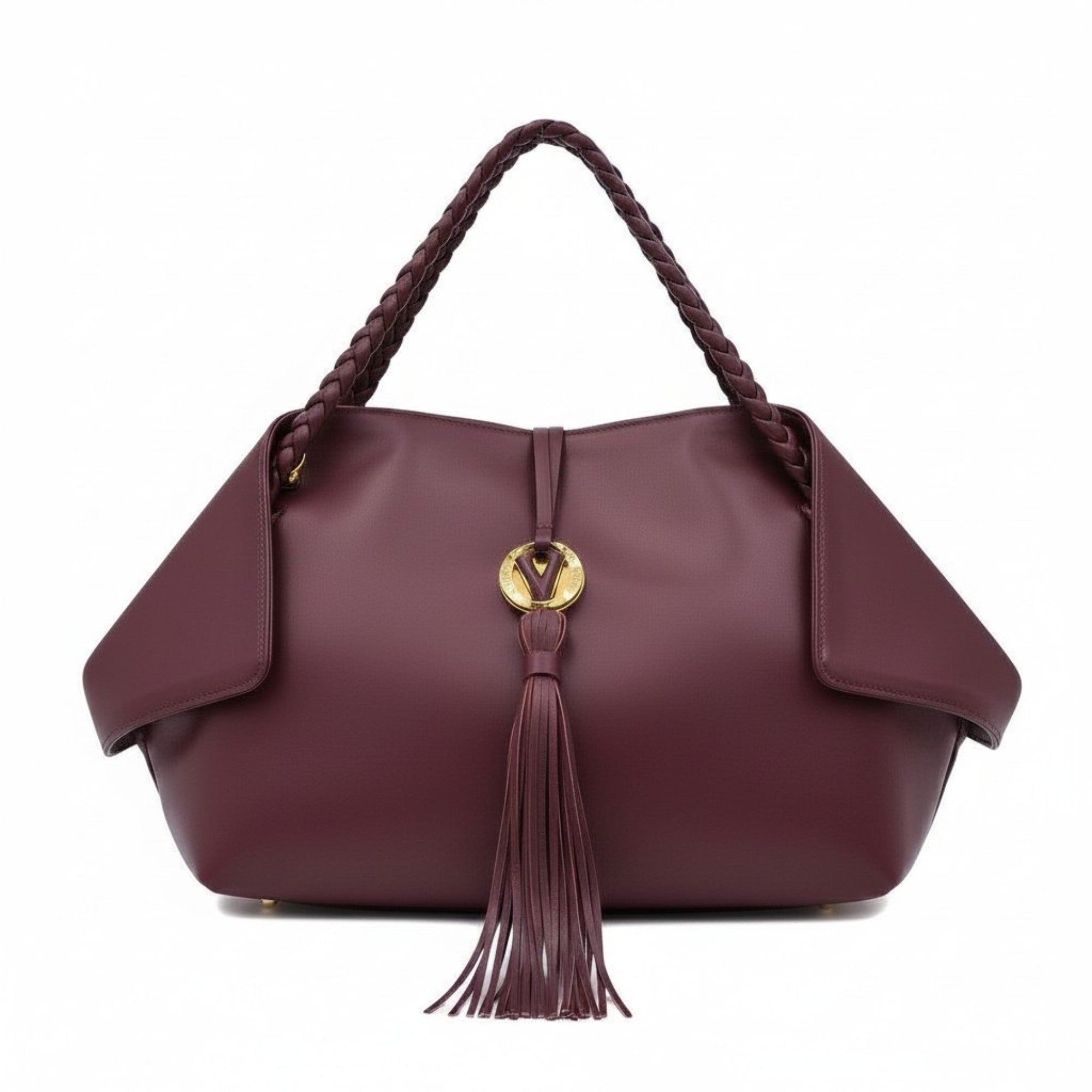 Clean front-facing studio shot of the burgundy leather handbag showing its symmetrical shape and gold-tone hardware logo accent.