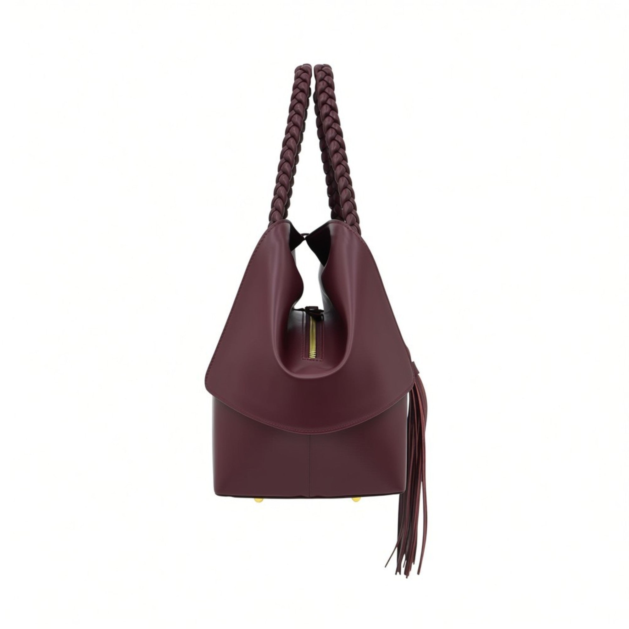 Side profile view of the burgundy leather handbag showing the depth of the folded gusset and the gold-tone top zipper closure.