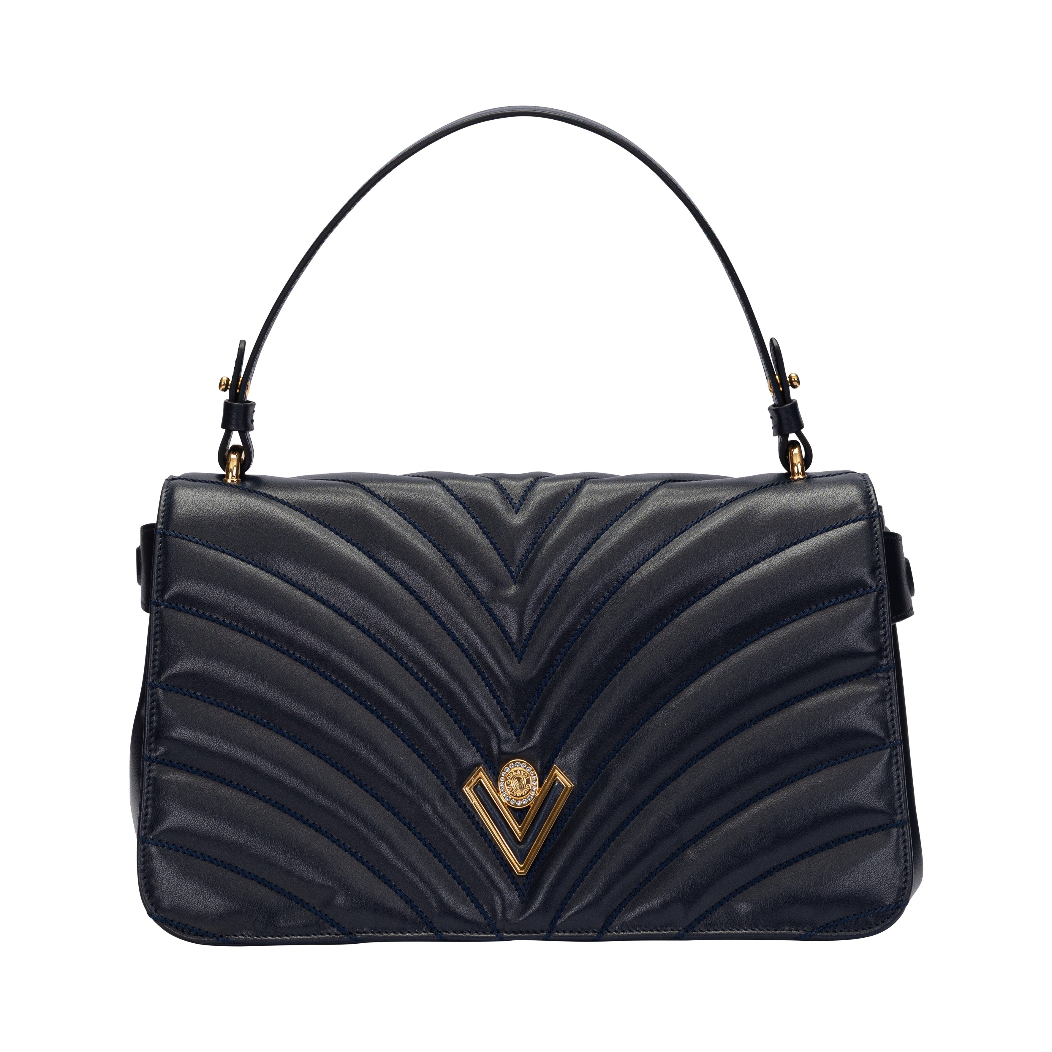 Front view of a black Valentino Orlandi tote bag featuring contrasting smooth and patent leather panels with a gold-tone signature arch clasp.