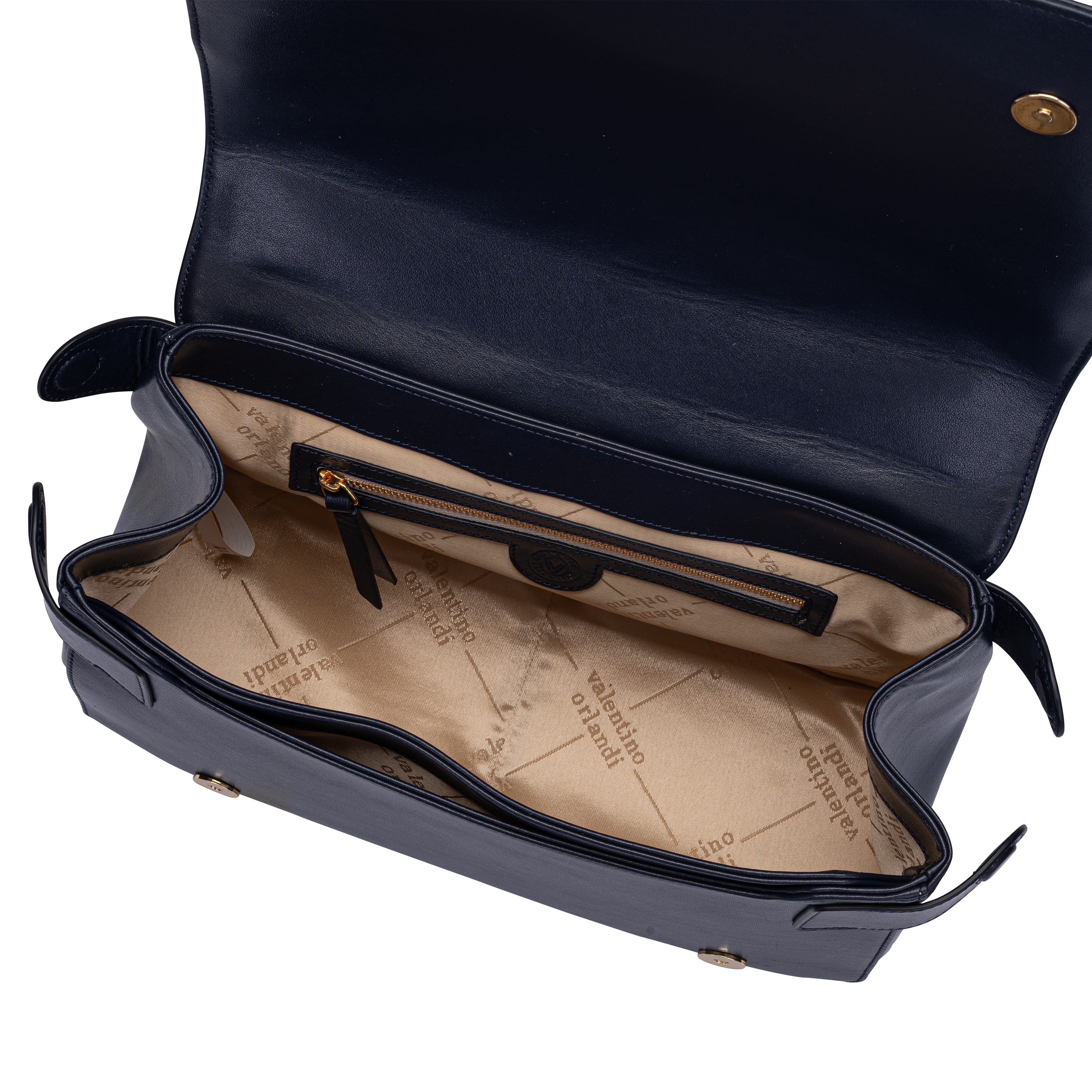 Overhead view of the open Valentino Orlandi tote, displaying the beige lining, central zip divider, and signature red "V" embroidery.