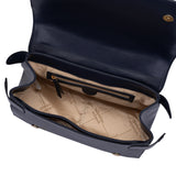 Overhead view of the open Valentino Orlandi tote, displaying the beige lining, central zip divider, and signature red "V" embroidery.