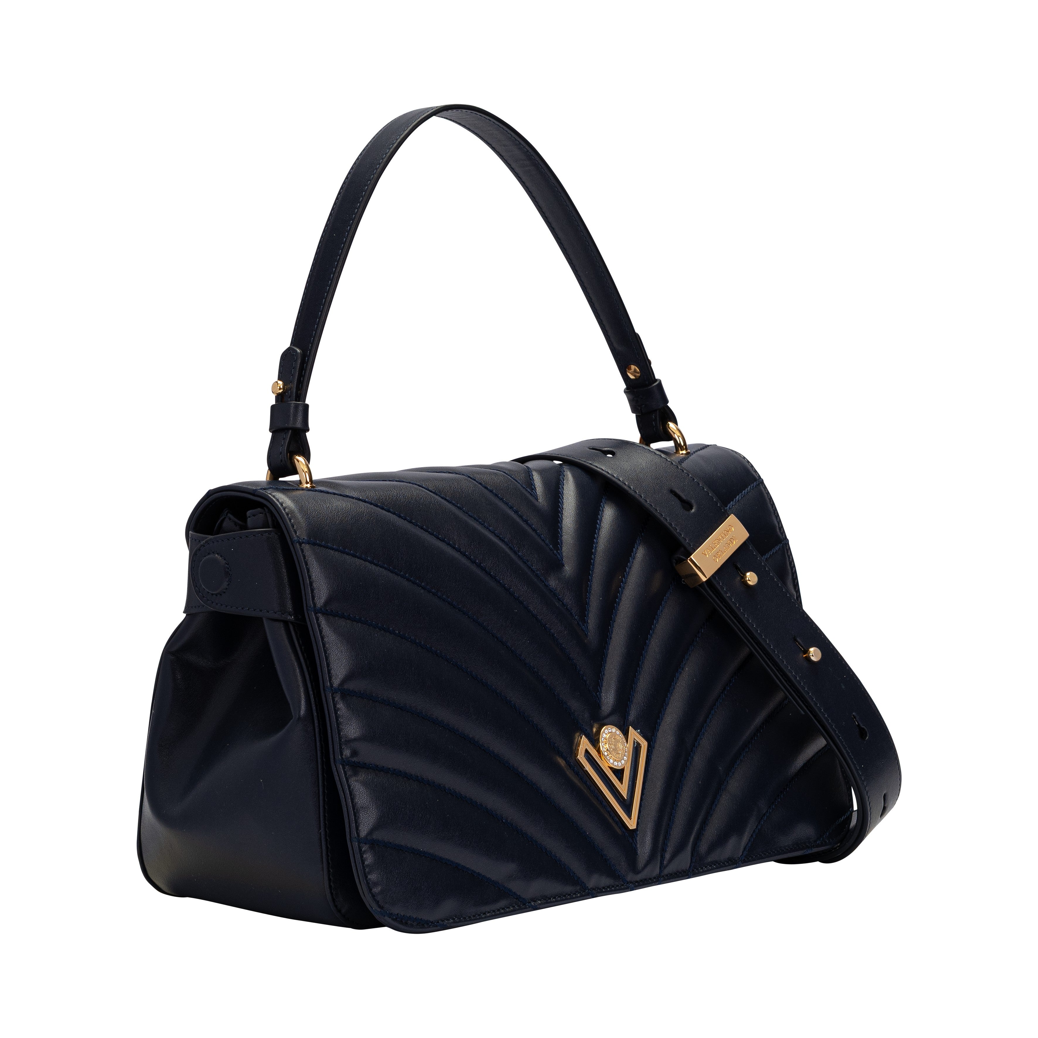 Side profile of the black Valentino Orlandi handbag showing the structured patent leather base and the detachable, wide leather shoulder strap.