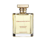 Clear glass rectangular 120ml bottle of Ormonde Jayne Isfarkand Eau de Parfum with a gold cap, featuring red and black text on a white background.