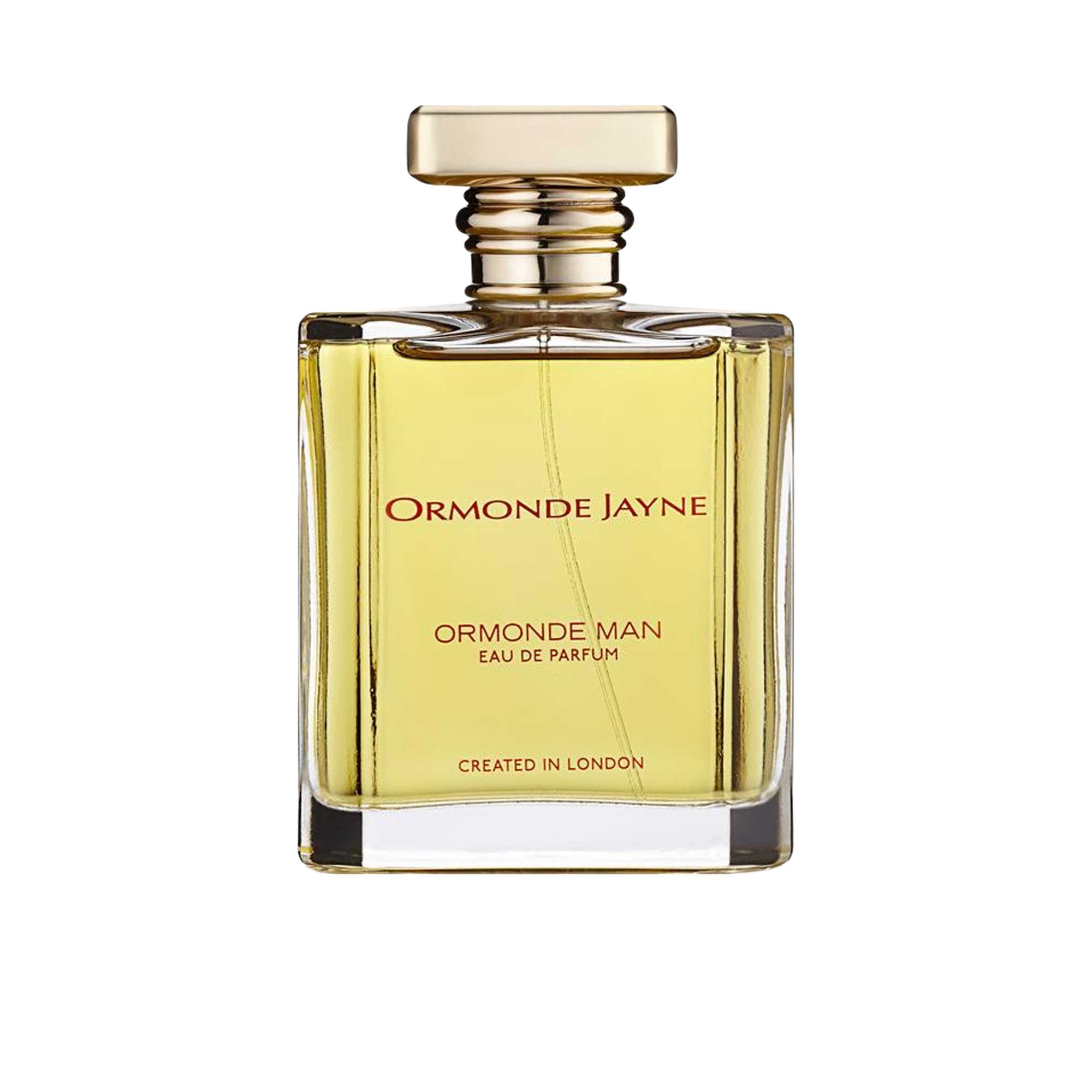 A 120ml bottle of Ormonde Jayne Ormonde Man Eau De Parfum with a gold-colored cap and label indicating it is created in London.