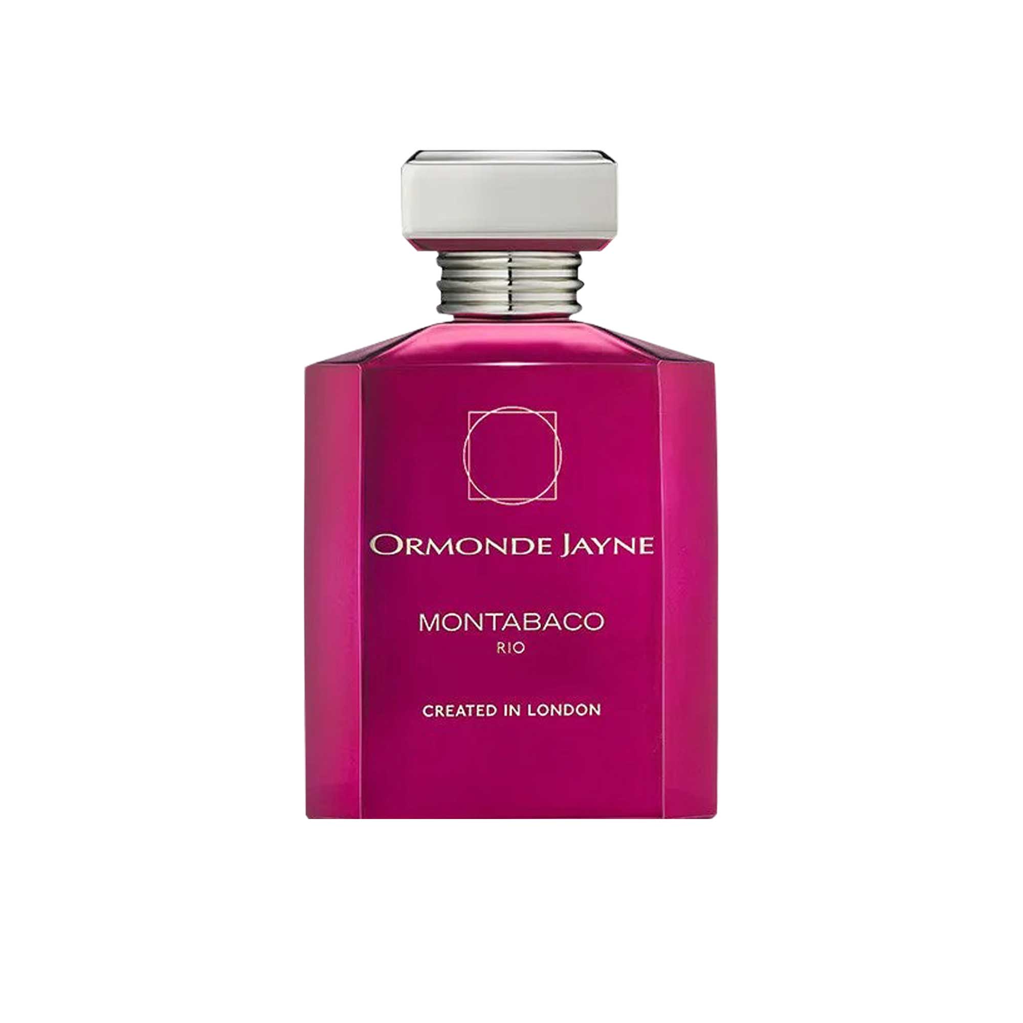 An 88ml opaque vibrant magenta glass bottle of Ormonde Jayne Montabaco Rio, featuring silver lettering and topped with a tiered silver neck and rectangular silver cap.