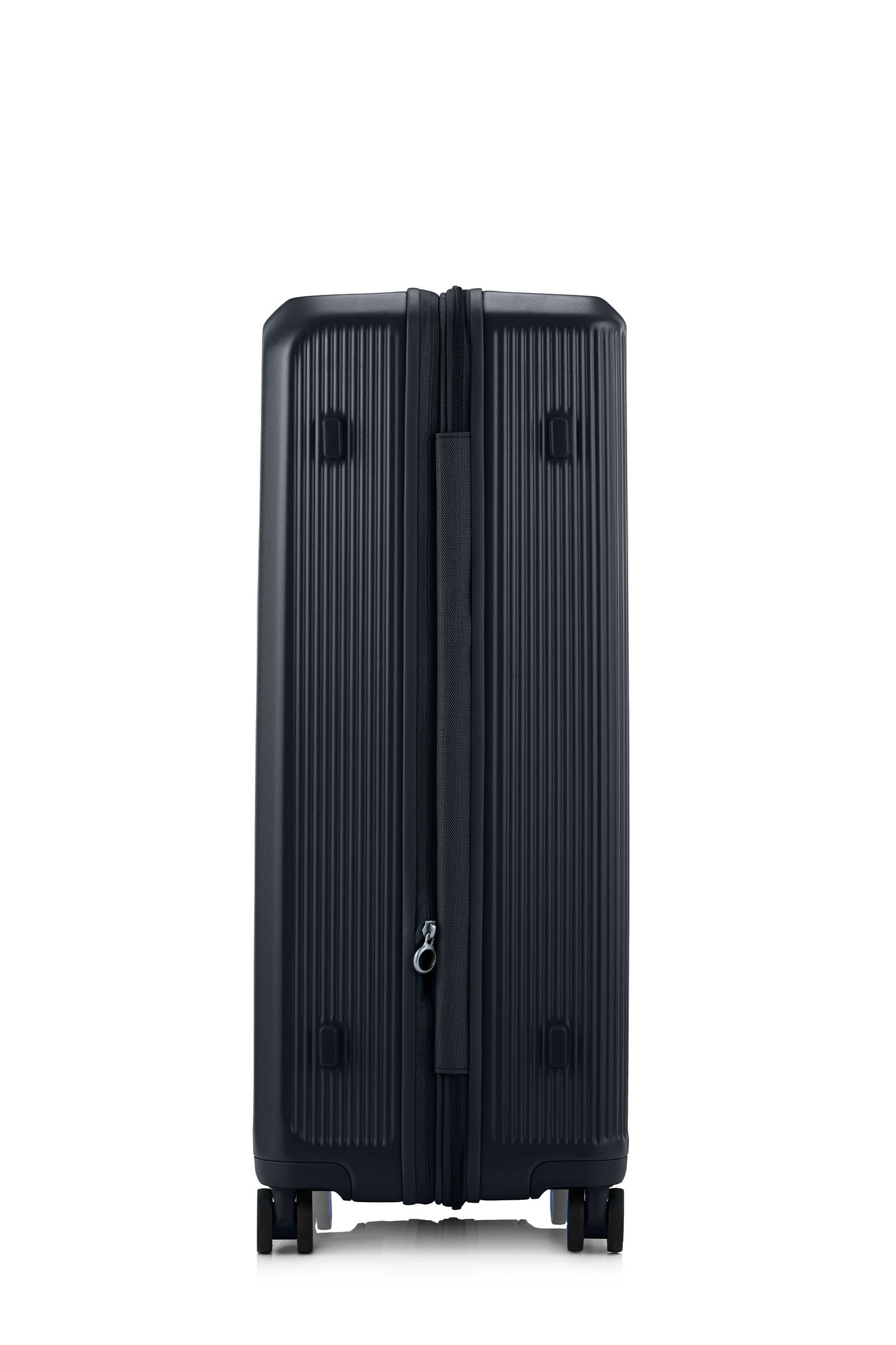 Other side view of the Samsonite Voypod Spinner large in Black, showcasing its sleek, boxy hardshell design and the prominent front-access pocket panel. Shop Online Today