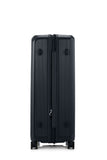 Other side view of the Samsonite Voypod Spinner large in Black, showcasing its sleek, boxy hardshell design and the prominent front-access pocket panel. Shop Online Today