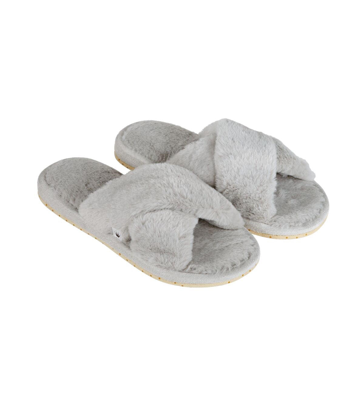 Overhead view of the Triumph Accessories grey home slippers, showing the soft plush lining and sleek silhouette. Shop Now Online