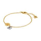 A full studio presentation layout of the Escada Margarete bracelet, displaying the gold-plated link chain, the contrasting gold shell and silver-tone steel monogram charms, and the adjustable clasp closure.
