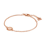 A full layout studio product photograph of the Escada Madelene bracelet, showcasing the rose gold-plated cable chain, the central round monogram medallion, and the lobster clasp closure.