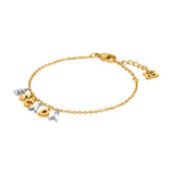A full studio presentation layout of the Escada Belle bracelet, displaying the gold-plated link chain, the dangling two-tone letters spelling ESCADA with a crystal-paved initial, and the adjustable extension clasp.