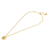An overview studio product photograph of the Escada Mina necklace, showing the full layout of the gold-plated cable chain, the tiered heart pendant, and the lobster clasp with a monogram extender tag.