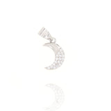 Silver-toned crescent moon charm with a polished finish and clear round simulated gemstones on its inner curve.