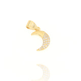 Gold-toned crescent moon charm with a smooth outer curve and an inner curve encrusted with small, clear round stones.