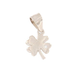 Silver-toned four-leaf clover charm with a small clear round stone embedded in one leaf and a top bail.