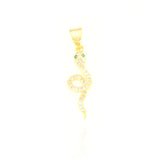 Gold-toned snake charm with a coiled body, encrusted with clear stones and two green stones for eyes, featuring a top bail.