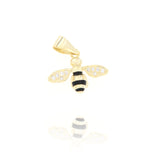 Gold-toned bee charm with black enamel stripes on its body and clear sparkling stones on its wings.