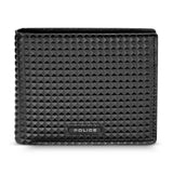 Black bifold wallet with a pyramid-studded texture and a rectangular Police brand plaque on the front.