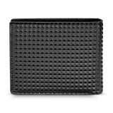 Black bifold wallet with a full pyramid-studded texture on the exterior. Visible stitching along the edges.