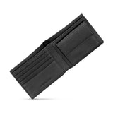Black textured leather bifold wallet, open, showing multiple card slots, a coin holder, and "POLICE" embossed inside.