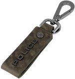 Police dark green leather keyring with embossed logo and dark grey gunmetal carabiner clasp.
