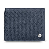 Close-up of a dark blue woven leather bi-fold wallet with a silver-toned Police brand emblem on the front.