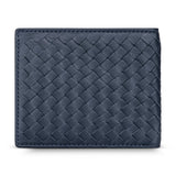 Dark blue bifold wallet with a woven leather texture and matching stitching around the edges.