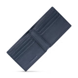 Open navy blue leather bi-fold wallet with multiple card slots and "POLICE" embossed on the lower right interior.