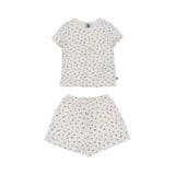 Petit Bateau girls' two-piece pajama set featuring an off-white short-sleeve t-shirt and matching shorts with a navy and pink floral print.